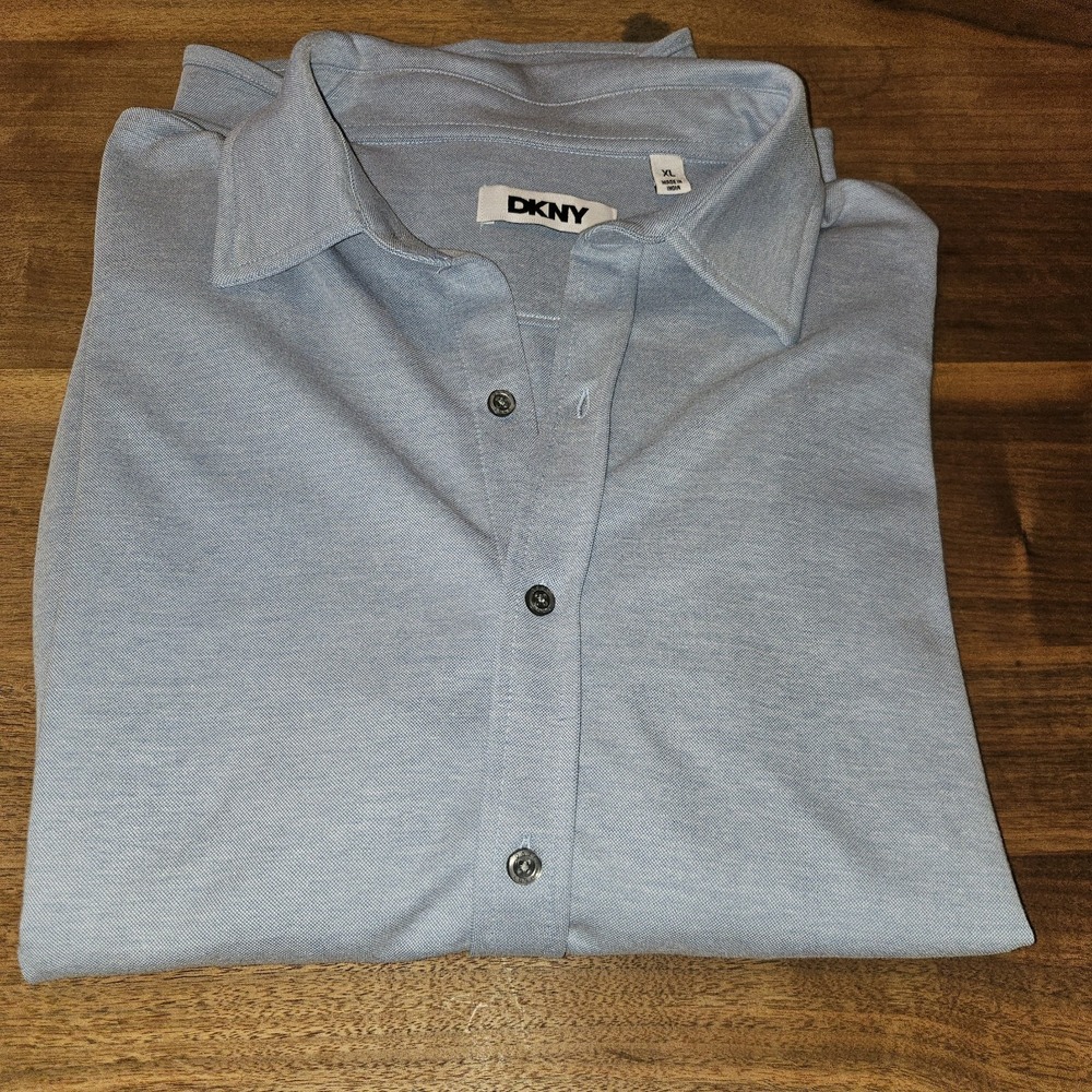 DKNY Men's Knit Button-Up Shirt,Pale Blue Heather, XL Comfort Casual Urban City